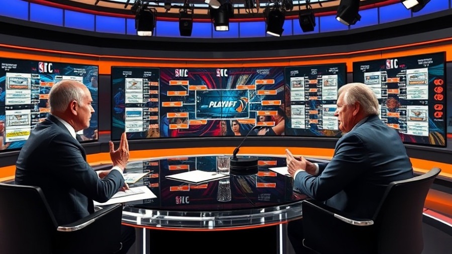 Analysts discussing College Football Playoff predictions in a vibrant studio.