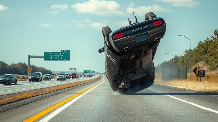 Dodge Charger car crash upside down on Highway 46, highlighting road safety in Guadalupe County.