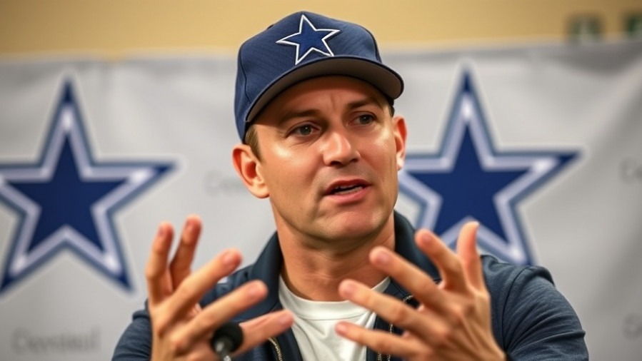 Man at press conference in Dallas Cowboys cap discussing NFL team dynamics.