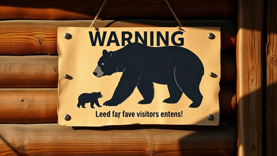 Rustic cabin wall with bear warning sign, highlighting wildlife warnings Japan.