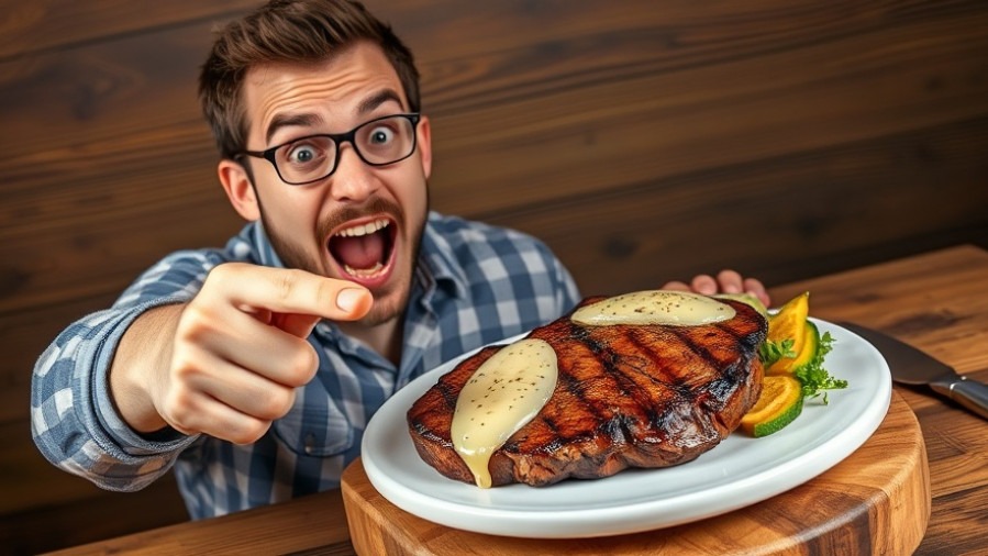 Excited person showcases grilled steak and cheese, highlighting nutrition for heart wellness.
