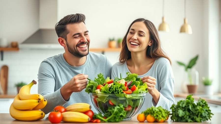 Joyful couple sharing a healthy salad, promoting healthy lifestyle habits.
