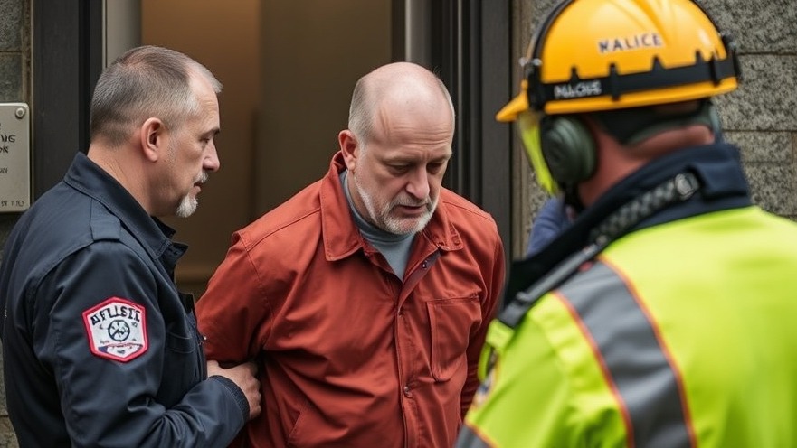 Man being arrested for privacy violations related to bathroom surveillance.
