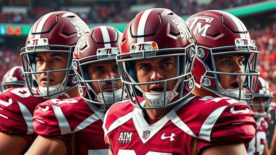 Dynamic collage of college football players in 'A&M' helmets, highlighting Oklahoma victory and Texas A&M comeback.