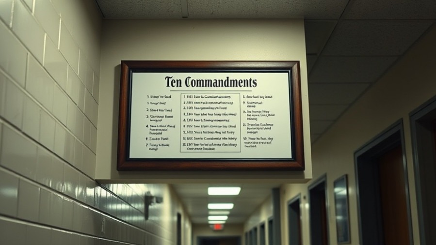 Photorealistic framed Ten Commandments display in a Texas school, highlighting church and state separation.