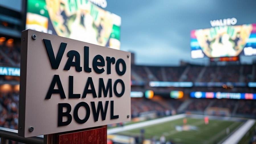 Close-up of Valero Alamo Bowl sign, vibrant game atmosphere, San Antonio business news.