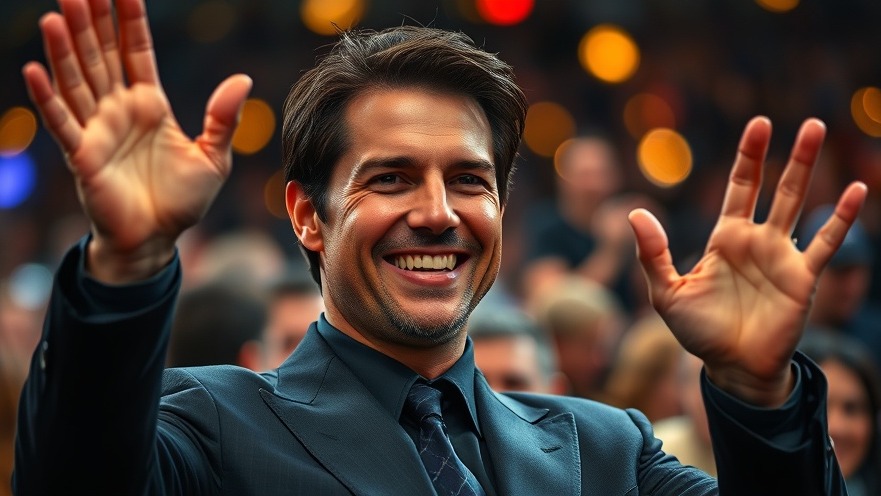 Tom Cruise in dark suit, smiling amid vibrant Dallas events calendar backdrop.