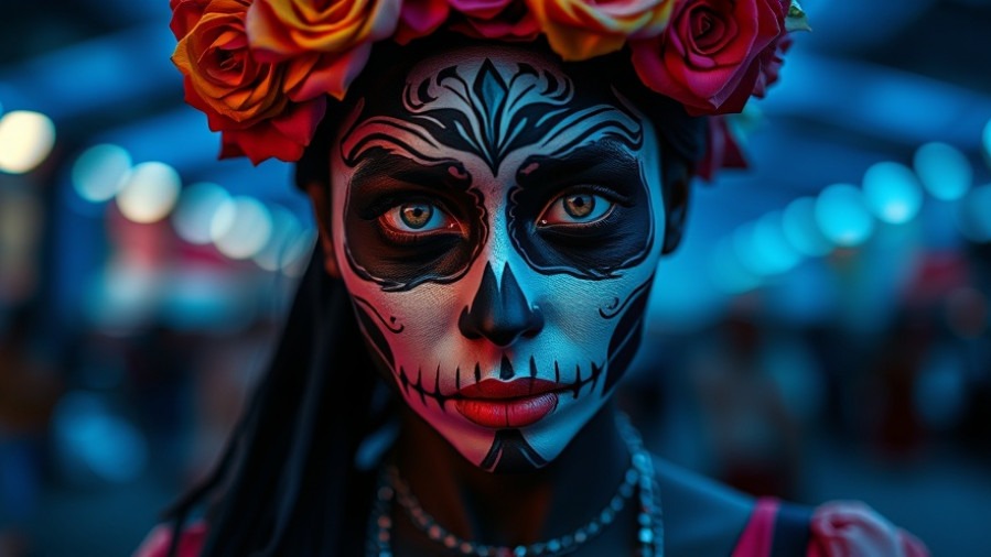 Vibrant Day of the Dead festival art, showcasing cultural celebration in San Antonio.