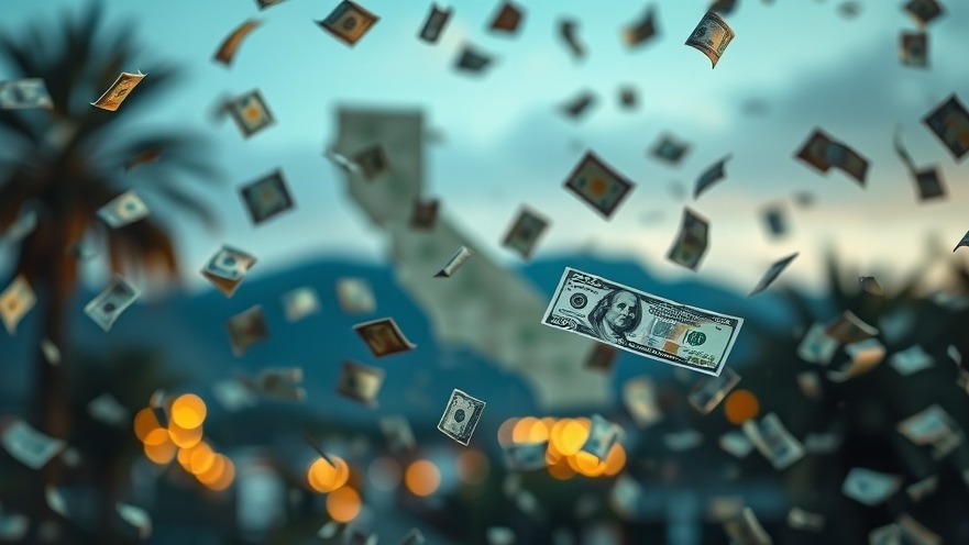 State corruption illustrated with cash bills falling over California, highlighting taxpayer loss.