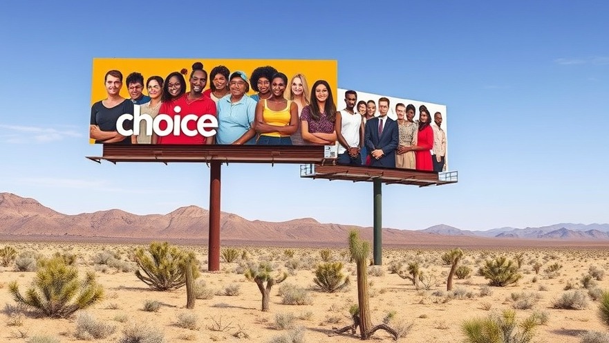 Vivid billboards advocating for Texas reproductive rights in a desert setting.