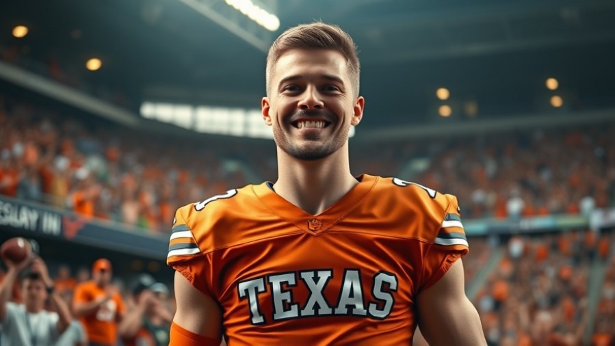 Arch Manning in 'Texas' jersey, smiling in a vibrant stadium during CFP selection process.