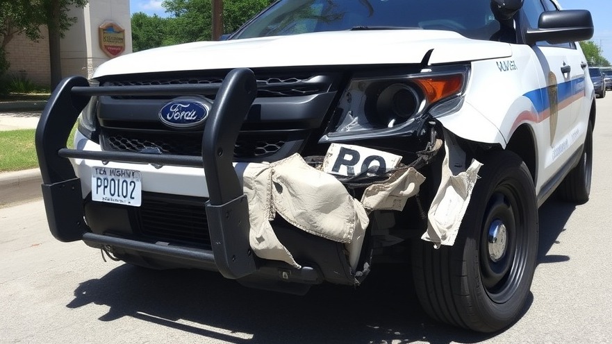 Damaged Texas Highway Patrol vehicle on a sunny street; Houston news today on police pursuit policies