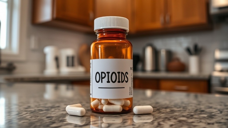 A pill bottle labeled 'OPIOIDS' on a kitchen counter, highlighting holistic pain management.