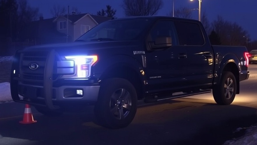 Dark blue pickup truck with LED headlights linked to Austin traffic safety incident.