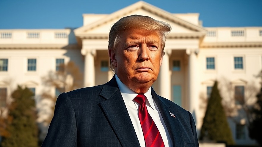 Trump in formal attire, calm expression, amidst Middle East relations backdrop.
