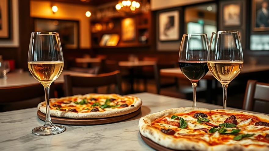 Delicious pizza and glasses of wine at a cozy pizzeria.