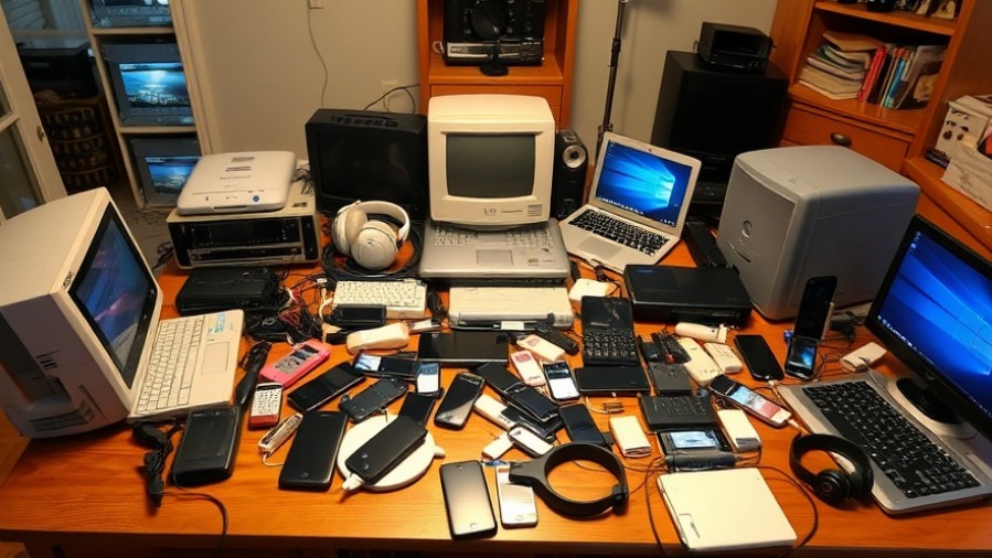 A kitchen table filled with vintage tech value including old PCs, laptops, and cell phones.