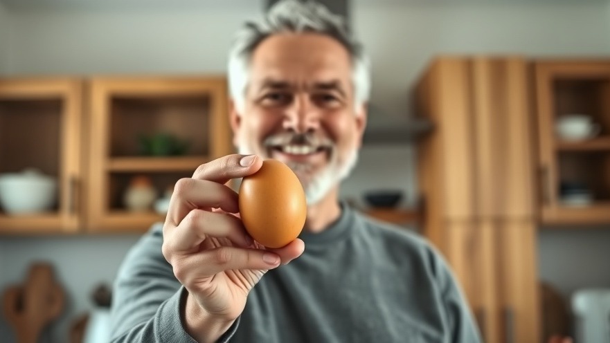 Middle-aged man in cozy kitchen holds a brown egg, promoting health with Houston nutritionists.