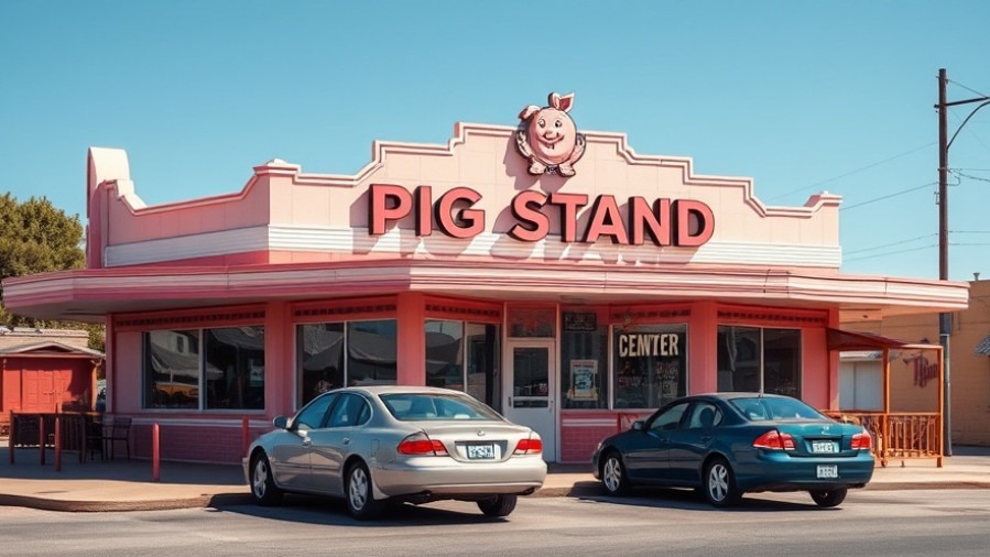 Retro 'PIG STAND' diner in San Antonio, showcasing vibrant vintage architecture.