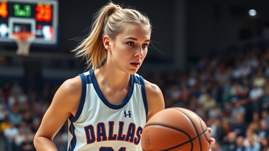 Focused blonde female basketball player dribbling in an arena, representing youth activism for gun violence prevention.