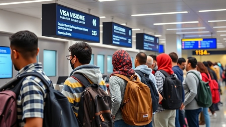 Immigrants at airport visa counter amid travel restrictions news and U.S. tourism policies.