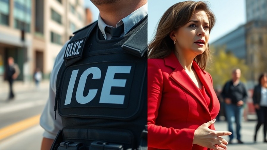 ICE raid Tucson depiction with police vest and Adelita Grijalva speaking outdoors.