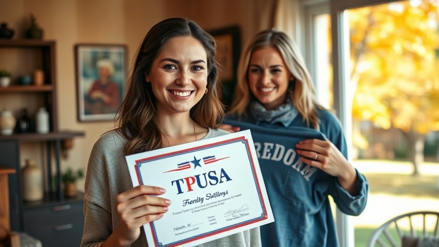 Smiling young woman with 'TPUSA' certificate, showcasing student activism in cozy home.