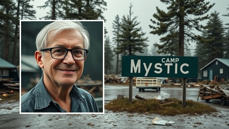 Older man smiling amid storm damage at Camp Mystic, showcasing community resilience in Texas.
