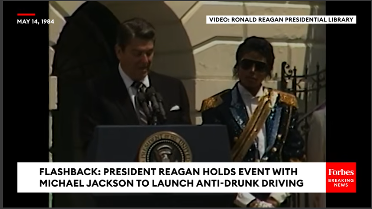 Michael Jackson visits the White House, historic moment with public figures.