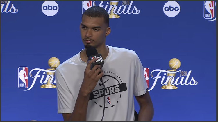 NBA Finals Game 1 recap: Player at press conference with game action inset.