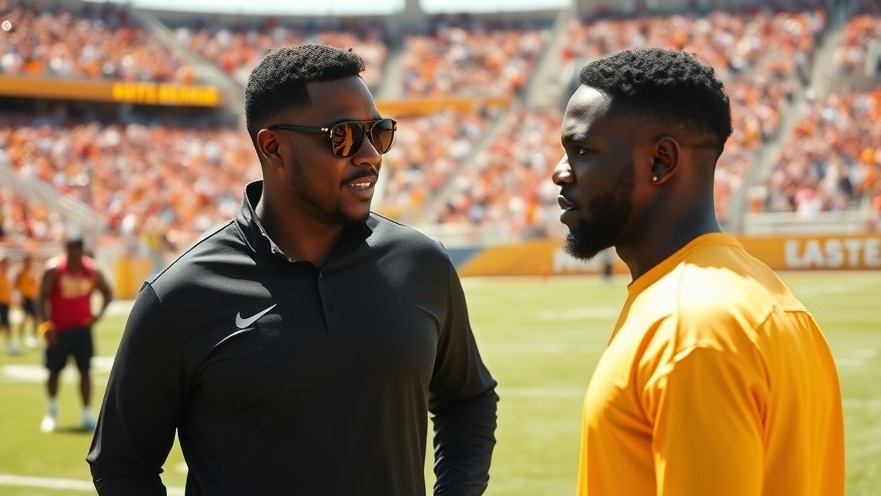 Black coach discusses NFL draft prospects with Shedeur Sanders on a sunny field.