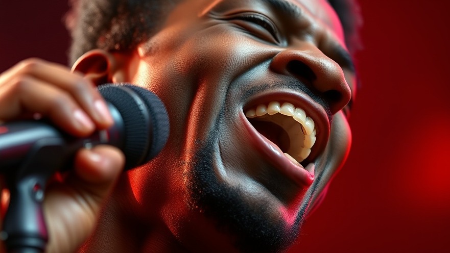 Stylish black male performer singing passionately, capturing celebrity crime news.