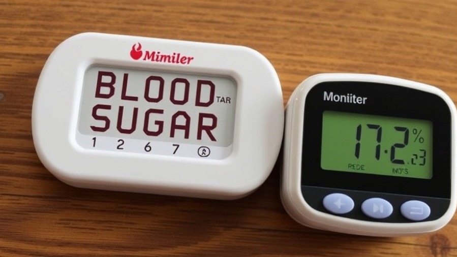 Chart reading 'BLOOD SUGAR' with digital monitor displaying levels.