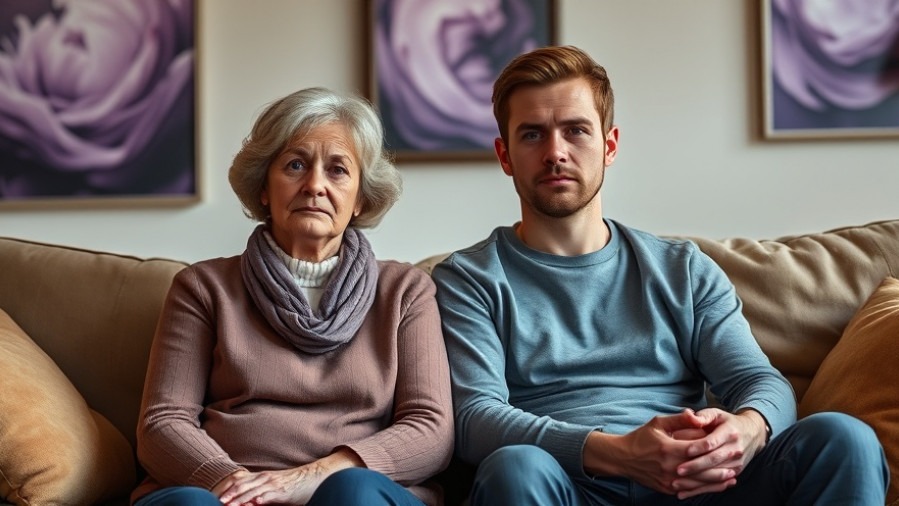Middle-aged woman and young man discussing vaccine safety in a cozy living room.