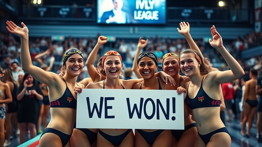 Joyful female swimmers celebrate victory, highlighting gender rights in sports.