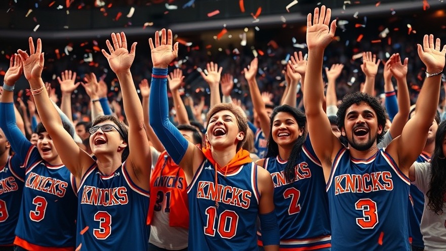Excited Knicks fans celebrating NBA playoffs highlights in vibrant game atmosphere.