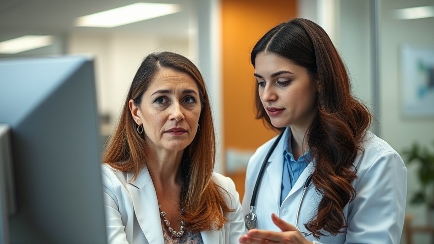 Concerned woman receiving support for endometriosis in a modern medical office.