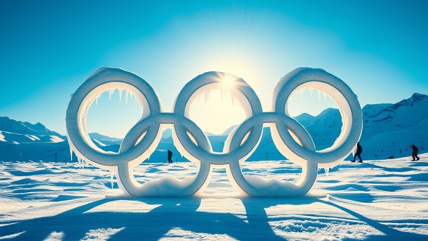 Icicle-covered Olympic rings in the French Alps, showcasing 2026 Winter Olympics spirit.