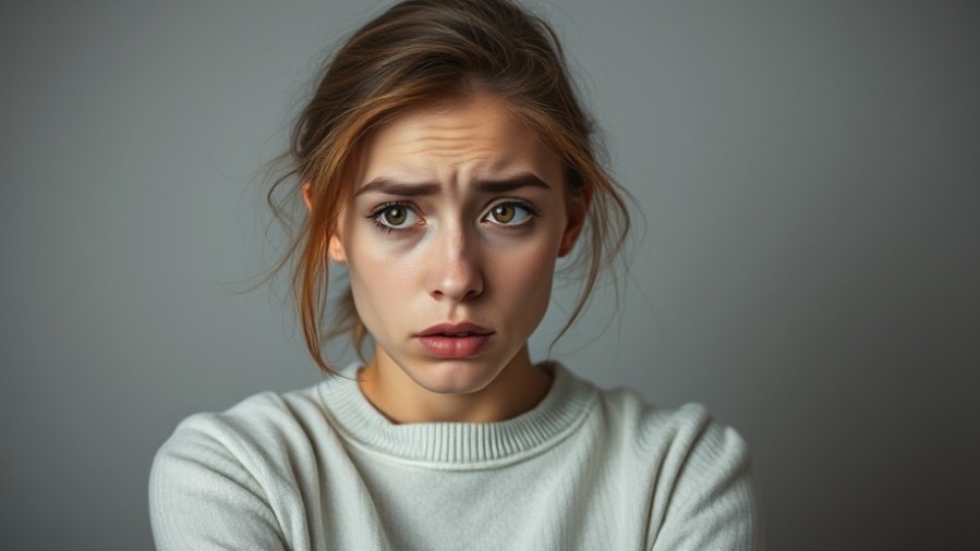 Worried young woman considering healthy eating habits to prevent colorectal cancer.