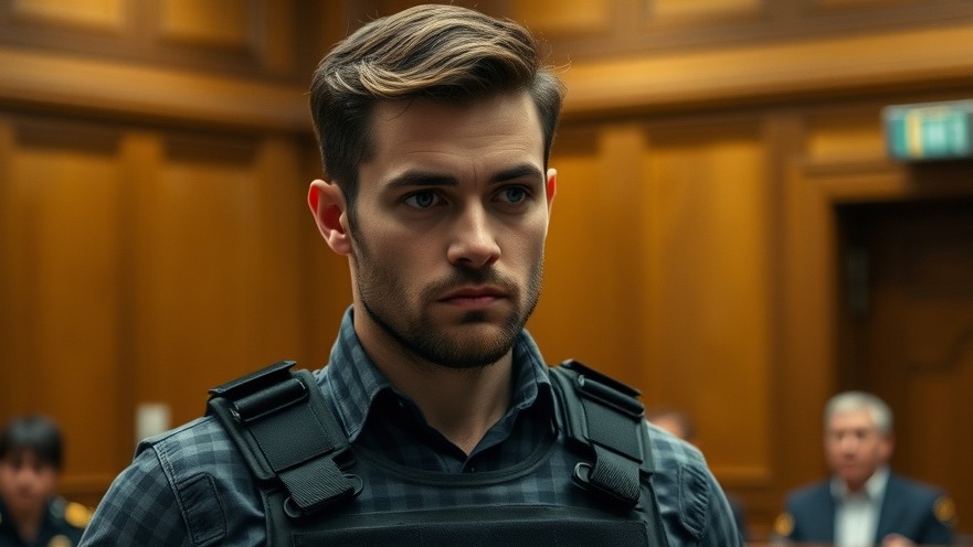 Serious young Italian man in bulletproof vest during Brian Thompson murder case trial.