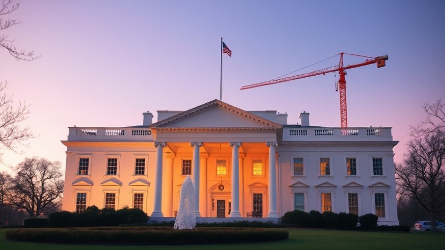 White House renovations with a construction crane, highlighting national security efforts.