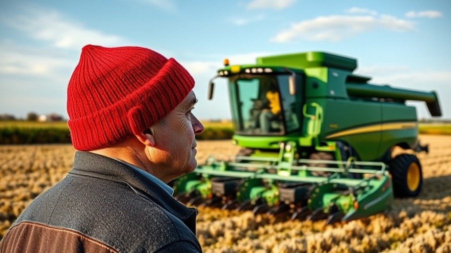 U.S. farmers aid showcased with red-capped observer amidst farming machinery in rural field.
