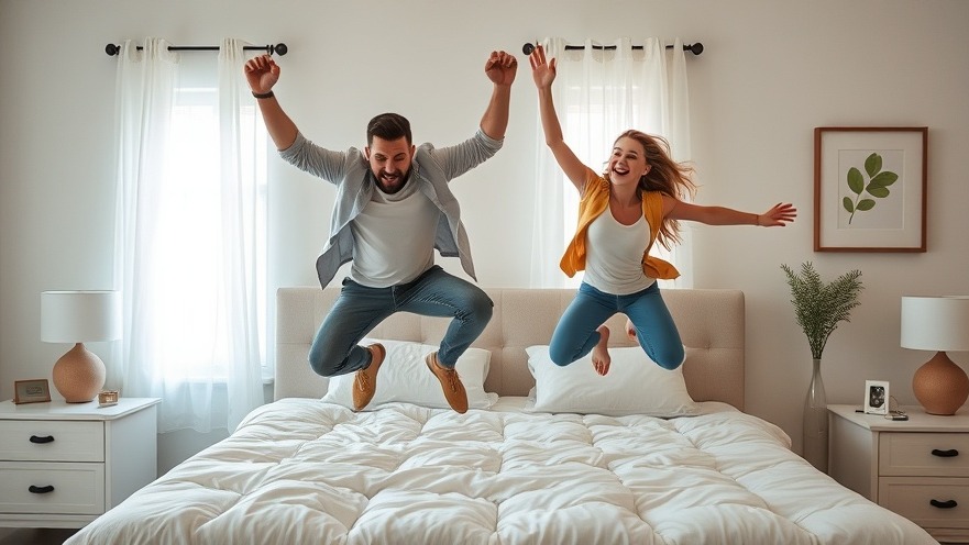 Young couple leaping out of bed, embracing jumping health benefits for daily wellness.