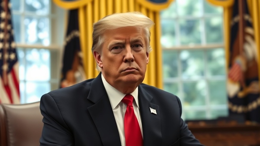 Stern-looking Trump in the Oval Office discussing US tariff policies.