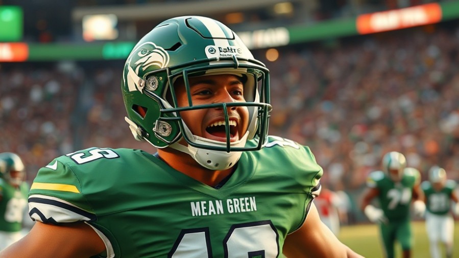 North Texas football performance: Player celebrates in vibrant 'MEAN GREEN' uniform.