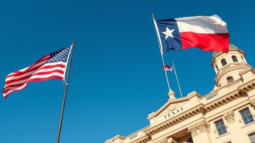 Texas work culture celebrated with flags on a historic building, symbolizing Texans' hard work.
