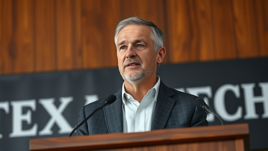 Middle-aged man speaking confidently at podium, discussing Texas education policies.