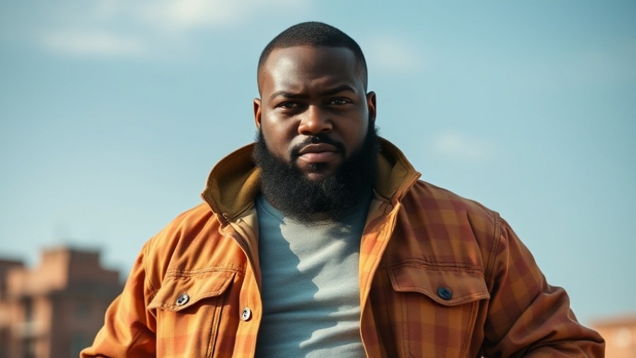 Heavy black man showcasing athlete perseverance in casual wear.