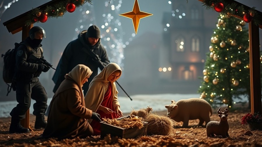 Nativity scene highlighting immigration issues with ICE agents in the background.