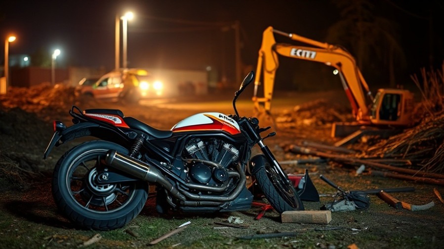 Motorcycle accident statistics highlighted in a scene with a crashed motorcycle and backhoe.
